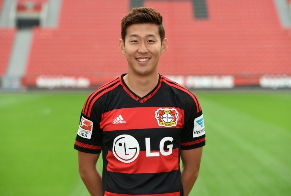 Leverkusens South Korean striker Son Heung-Min poses during the team presentation of the German first division Bundesliga team Bayer 04 Leverkusen at the stadium in Leverkusen, western Germany, on July 13, 2015