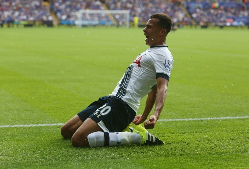 Tottenham Hotspurs Dele Alli celebrates after scoring during the Premier League match against Leicester City at King Power Stadium on August 22, 2015