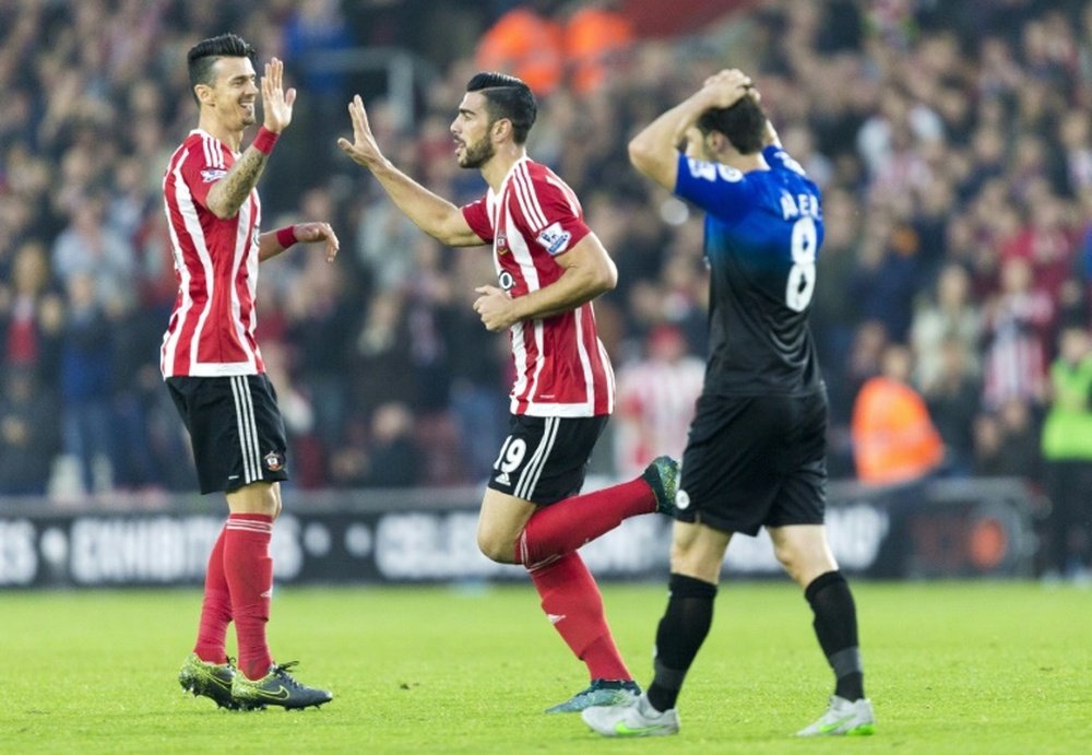 Southamptons Graziano Pelle (C) celebrates after scoring during an English Premier League football match against Bournemouth at St Marys Stadium in Southampton, southern England on November 1, 2015