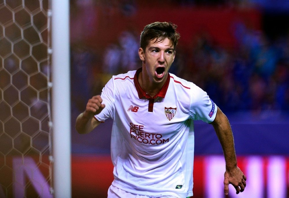 Luciano Vietto celebrates after scoring in the Champions League match with Dinamo Zagreb. AFP