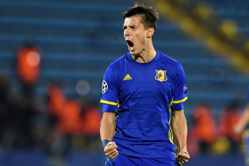 Rostov forward Dmitri Poloz celebrates after scoring a goal. AFP