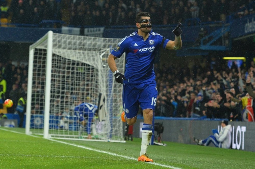 Chelseas striker Diego Costa celebrates scoring his teams first goal during the English Premier League match between Chelsea and Newcastle United on February 13, 2016