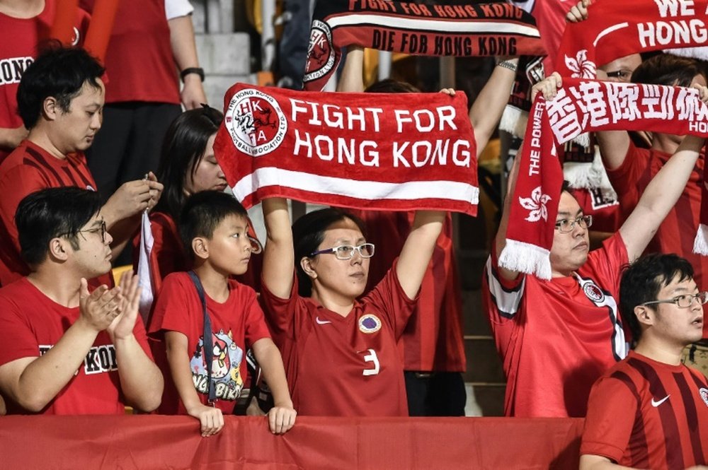 Hong Kong football fans during the 2018 World Cup qualifying match between Hong Kong and Qatar in Hong Kong on September 8, 2015