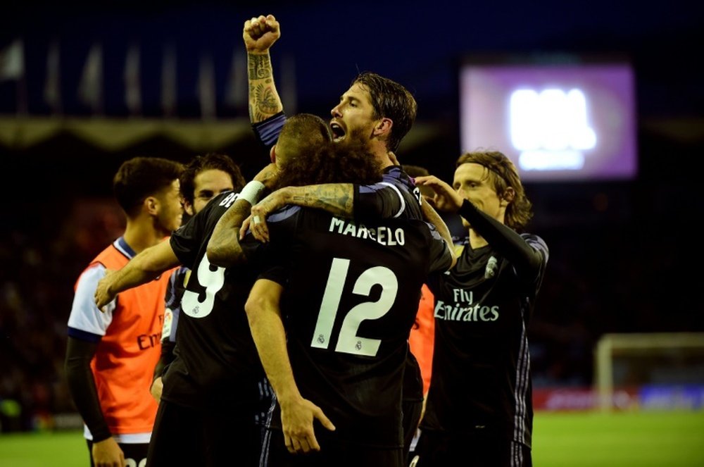 Ramos volvió a motivar a los suyos antes del choque ante el Celta. AFP