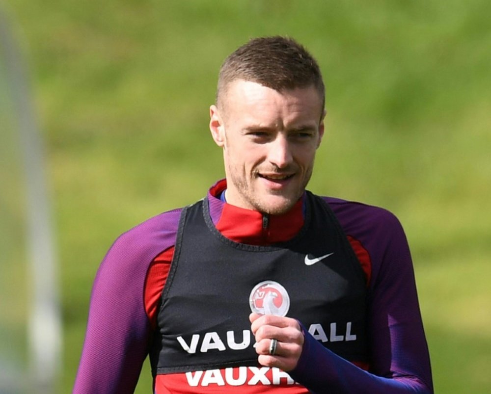Jamie Vardy takes part in an England training session at St Georges Park in Burton-on-Trent, on Mar