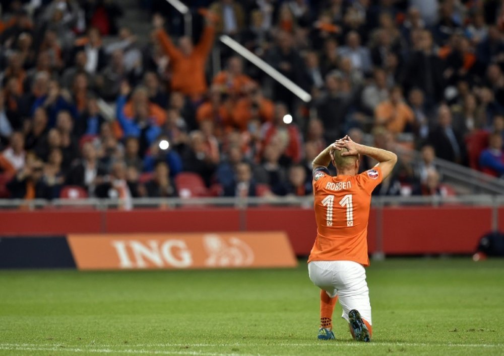 Netherlands Arjen Robben reacts during their UEFA Euro 2016 qualifying round football match agaisnt Iceland at the Arena Stadium, on September 3, 2015, in Amsterdam