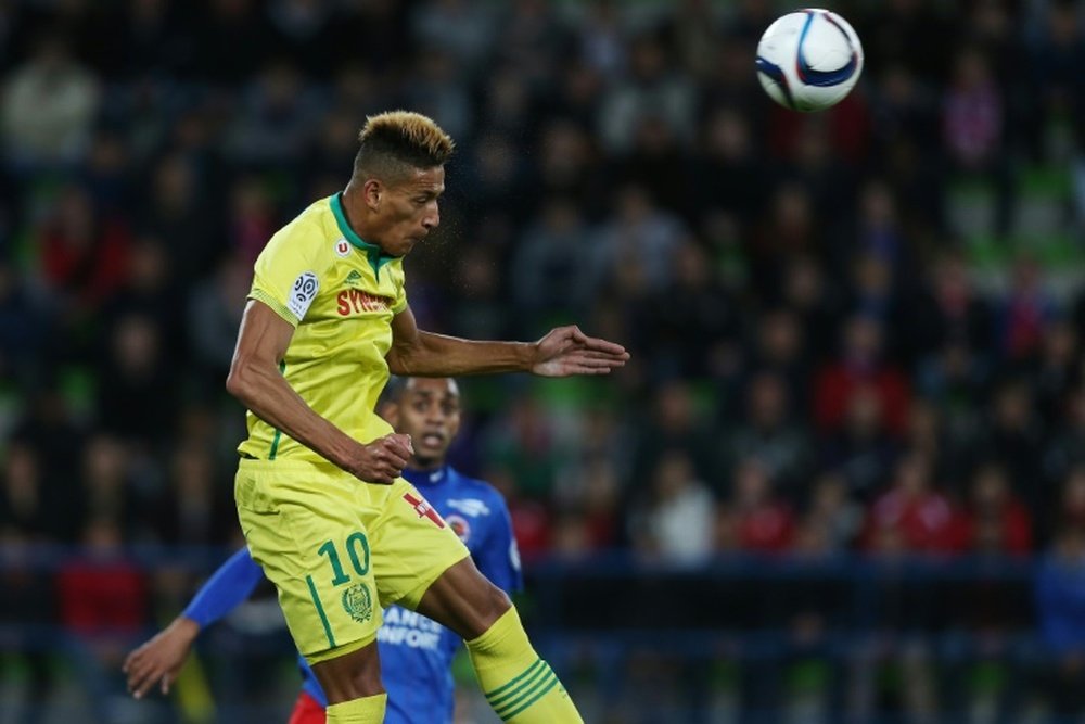 Nantes French forward Yacine Bammou heads the ball during the French L1 football match between Caen (SM Caen) and Nantes (FC Nantes), on October 23, 2015, at the Michel dOrnano stadium, in Caen, northwestern France