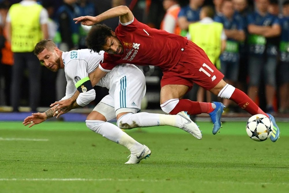 Sergio Ramos infamously tackled Mo Salah during the Champions League final. AFP