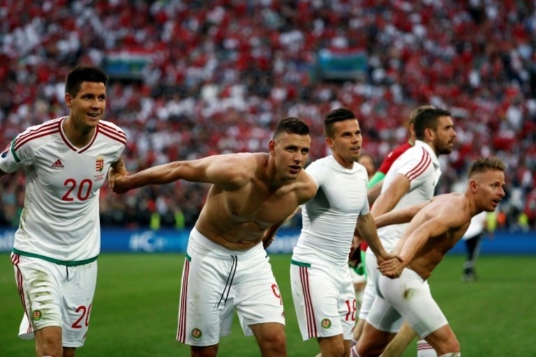 Hungarys players celebrate at the end of the Euro 2016 match against Iceland. BeSoccer