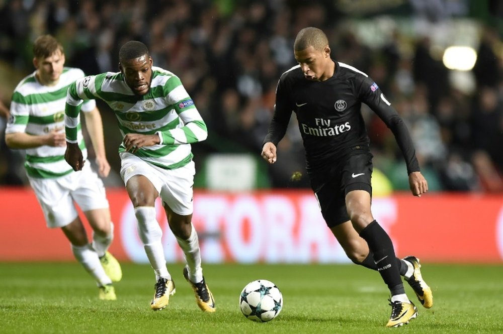A fan attempted to kick Mbappe in the match against Celtic. AFP