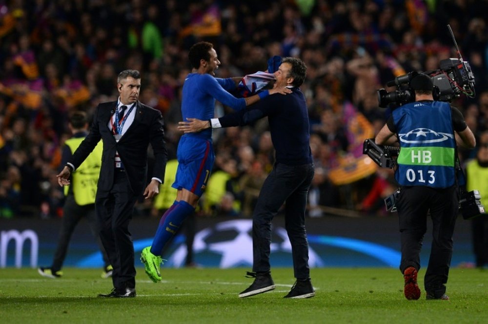 La joie de l'entraîneur du Barça, Luis Enrique, mercredi soir 8 mars 2017 au Camp Nou. AFP