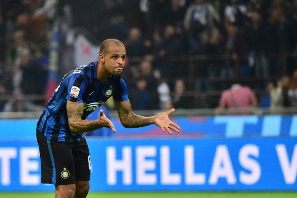Inter Milans midfielder Felipe Melo, pictured on September 13, 2015, justified his Pitbull nickname after Chievo midfielder Paul Mpoku suffered a fractured cheekbone following a mid-air clash