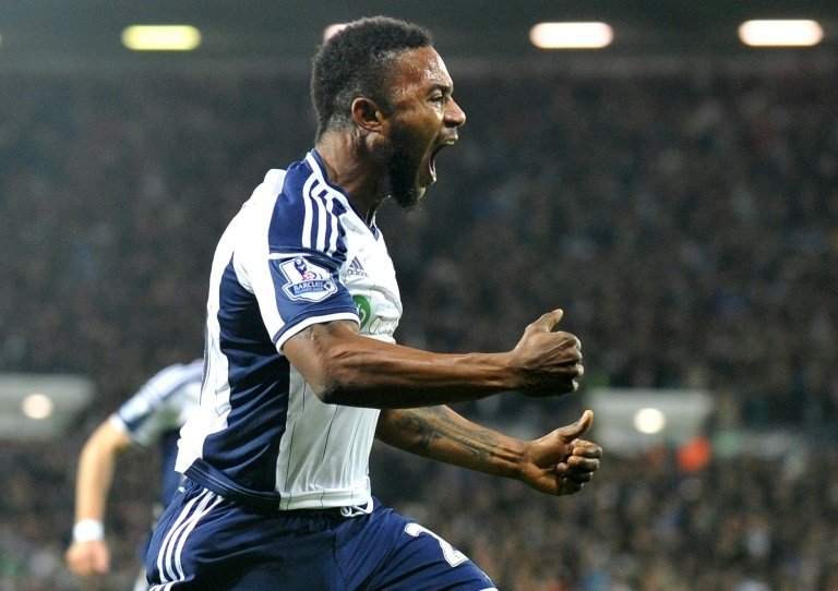 West Bromwich Albions Beninese midfielder Stephane Sessegnon celebrates scoring a goal during a match at The Hawthorns in West Bromwich, England on October 20, 2014