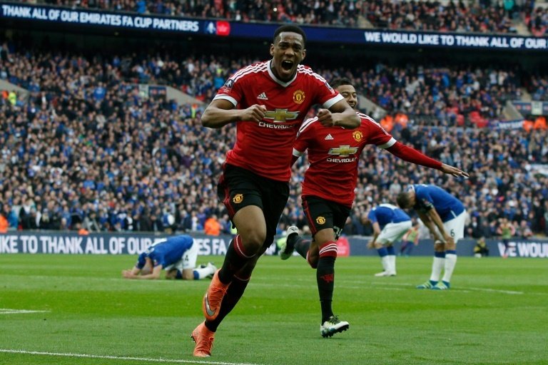 Martial celebrates scoring in the FA Cup semi-final against Everton. BeSoccer