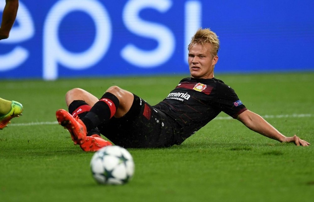 Joel Pohjanpalo reacts during the match between Bayer Leverkusen and Moscow. AFP