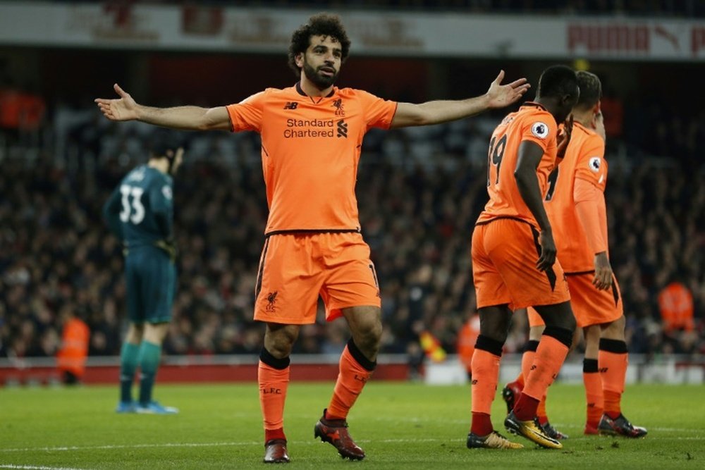 Salah anotó un gol en el último Arsenal-Liverpool. AFP