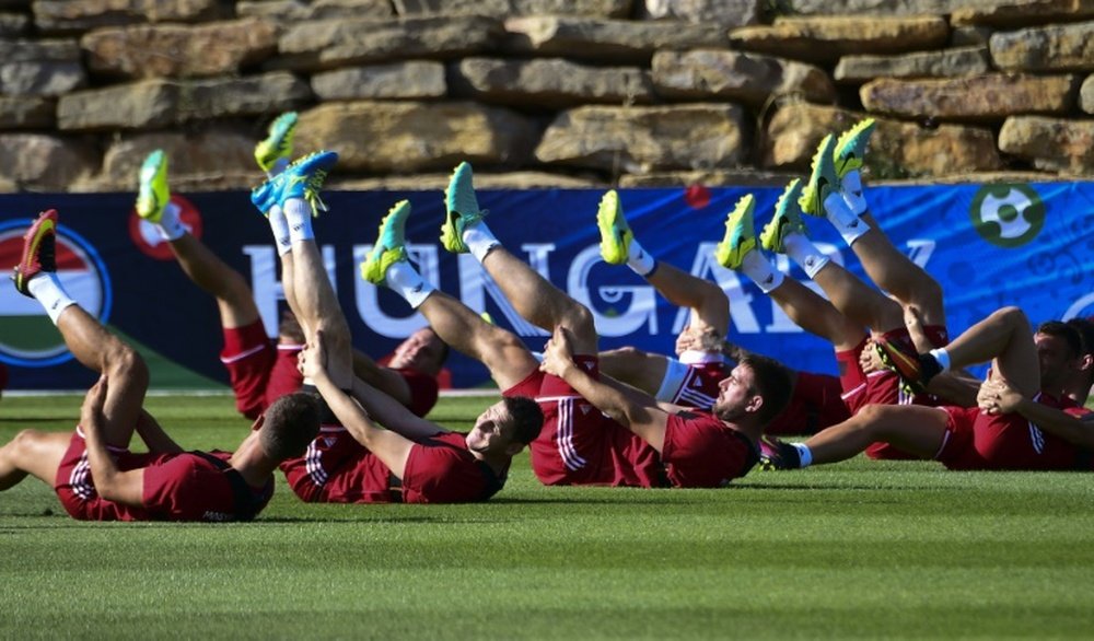 Hungarys players take part in a training session in Tourrettes, southern France, ahead of their Euro 2016 round of 16 football match against Belgium