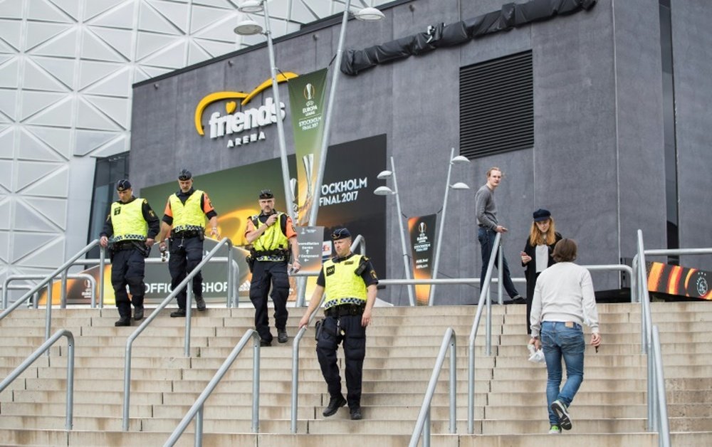 Police patrol outside the Friends Arena in Solna outside Stockholm on May 23, 2017