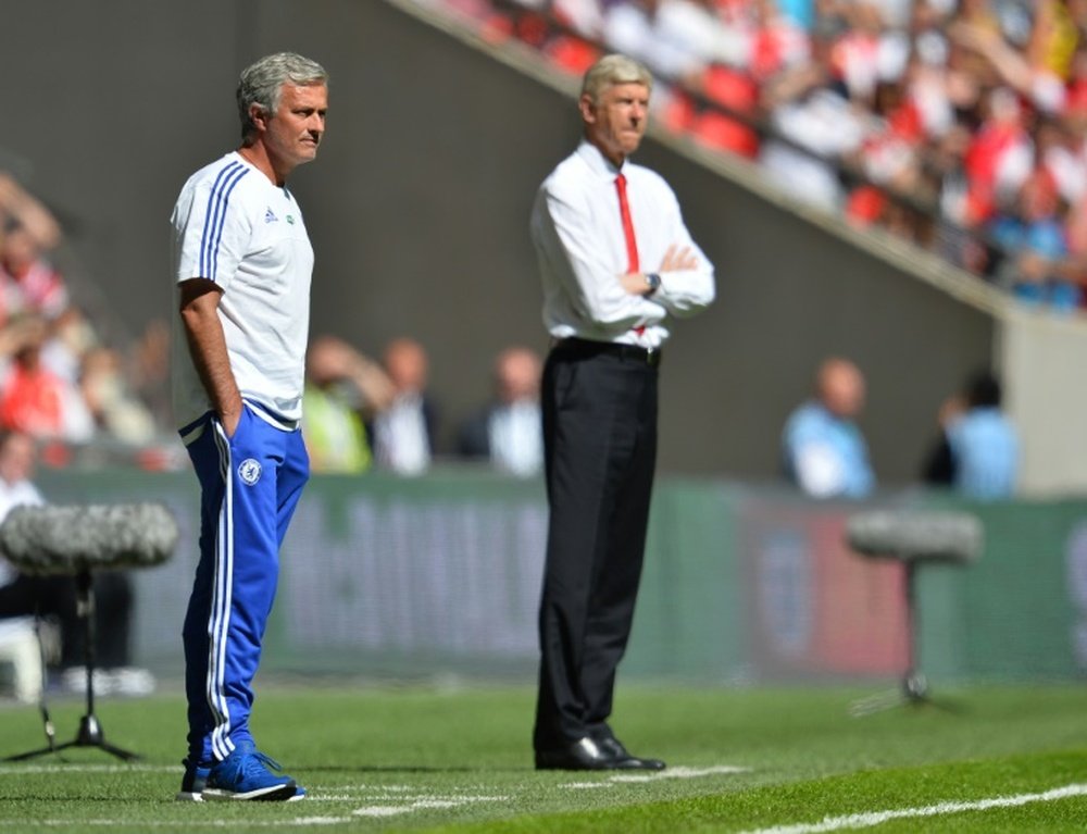 Chelseas Portuguese manager Jose Mourinho (L) and Arsenals French manager Arsene Wenger watch from the side during the FA Community Shield football match at Wembley Stadium in north London on August 2, 2015