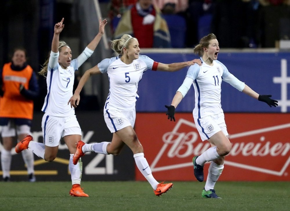 Jordan Nobbs (middle) will face Scotland in the European Championship in the Netherlands. AFP