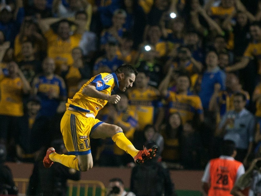 Andre-Pierre Gignac of Tigres of Monterrey celebrates after scoring a penalty against Pumas during the first leg of the Mexican Apertura 2015 tournament final match, at the Universitario stadium in Monterrey, on December 10