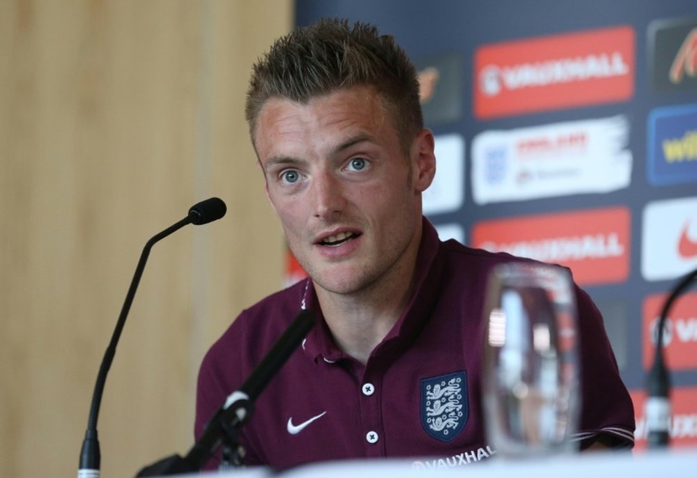 England player Jamie Vardy takes part in a press conference at the England training camp at Saint Georges Park in Burton-upon-Trent on June 4, 2015