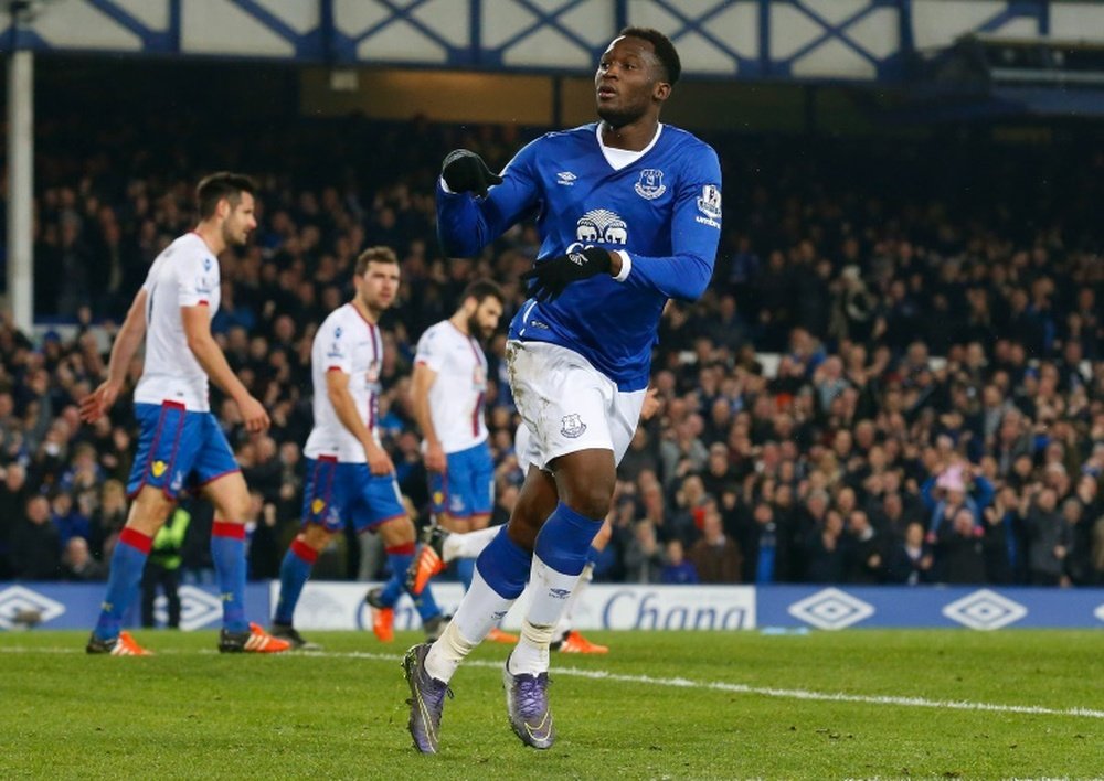 Everton's striker Romelu Lukaku celebrates scoring during an English Premier League football match against Crystal Palace at Goodison Park in Liverpool on December 7, 2015