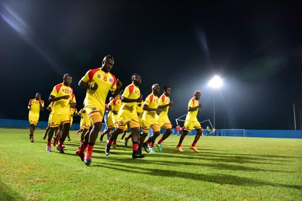 Democratic Republic of Congos national football team players take part in a training session in Oyem