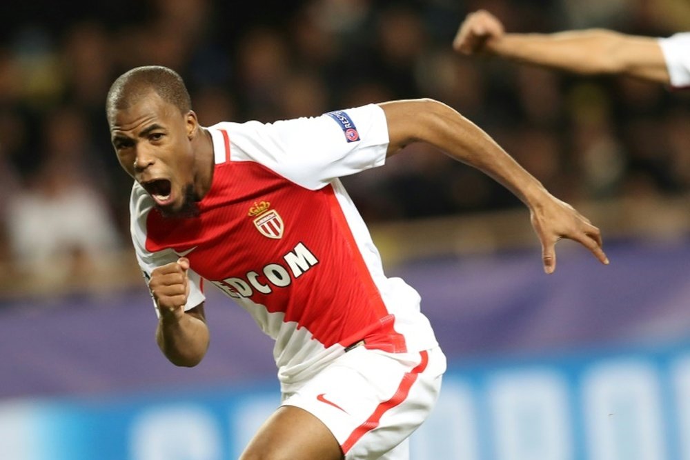 Djibril Sidibe celebrates scoring Monaco's first goal against Spurs. AFP