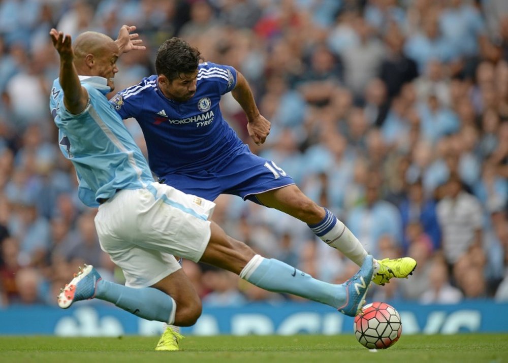 Diego Costa (centre) clashes with Vincent Kompany during Chelseas Premier League game against Manchester City at The Etihad stadium on August 16, 2015