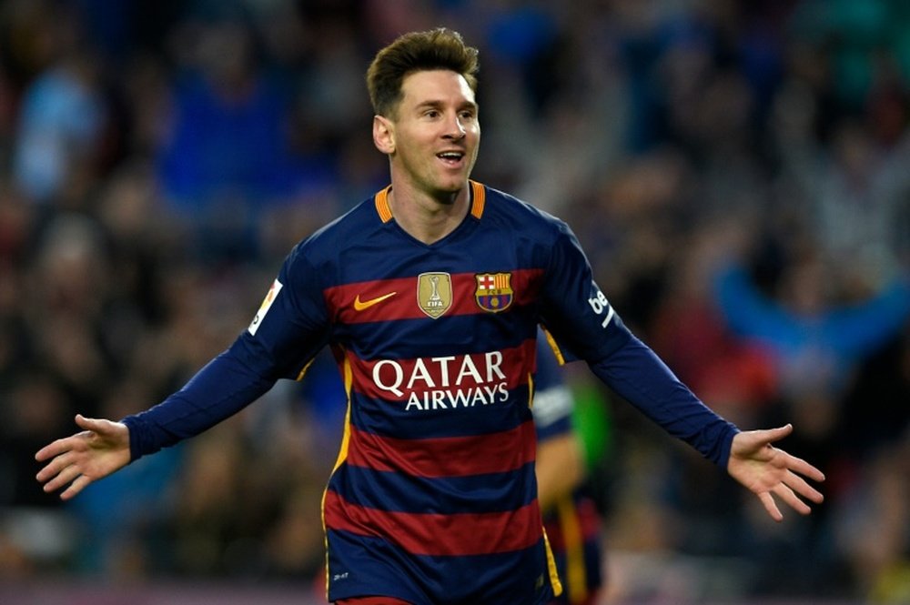 Barcelona's Argentinian forward Lionel Messi celebrates after scoring a goal. BeSoccer