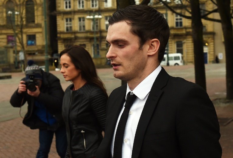 Former Sunderland footballer Adam Johnson (R) and his former girlfriend Stacey Flounders (L) leave Bradford Crown Court in Bradford, England, on February 29, 2016