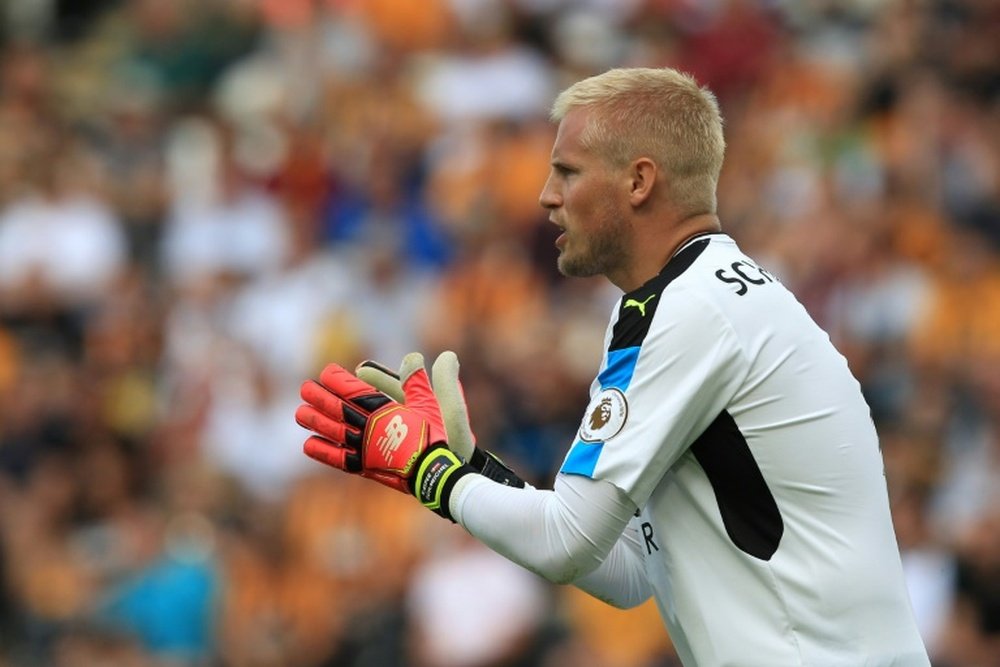 Schmeichel in action for Leicester. AFP