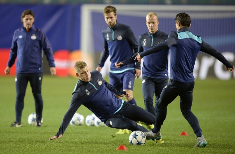 PSV Eindhoven players attend a training session at the Khimki Arena outside Moscow on September 29, 2015