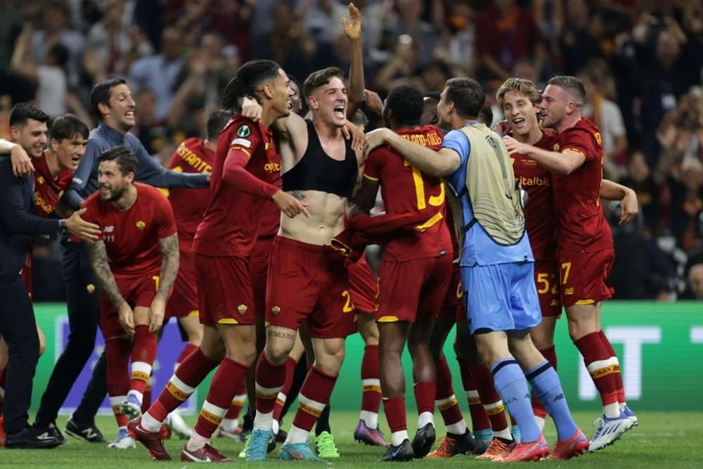 Nicolo Zaniolo (C-R) scored the goal which won Roma their first major European trophy