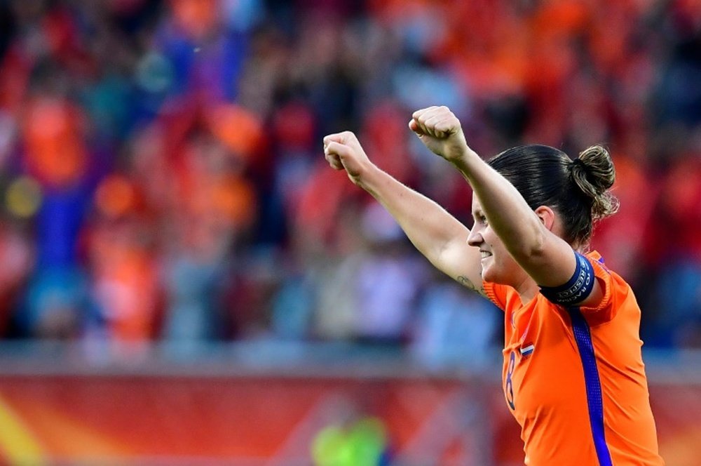 Netherlands midfielder Sherida Spitse reacts after scoring against Belgium on July 24, 2017