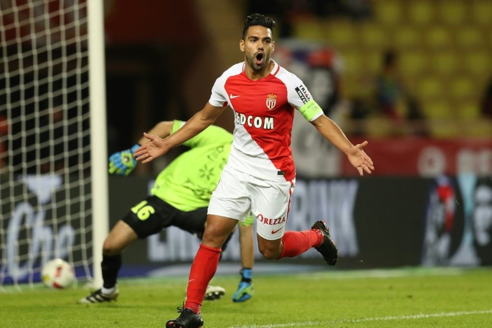 Monacos Colombian forward Radamel Falcao celebrates after scoring against Montpellier at the Louis II Stadium in Monaco on October 21, 2016