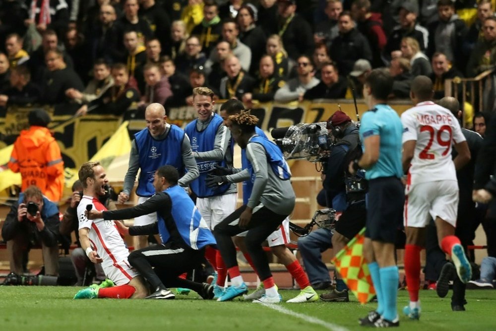 Monacos Valere Germain celebrates after scoring. AFP