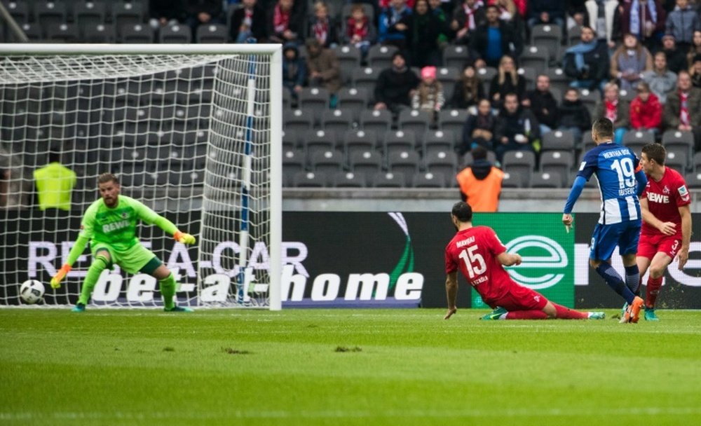 Vedad Ibisevic scores the opening goal during the match between Hertha Berlin and FC Cologne. AFP