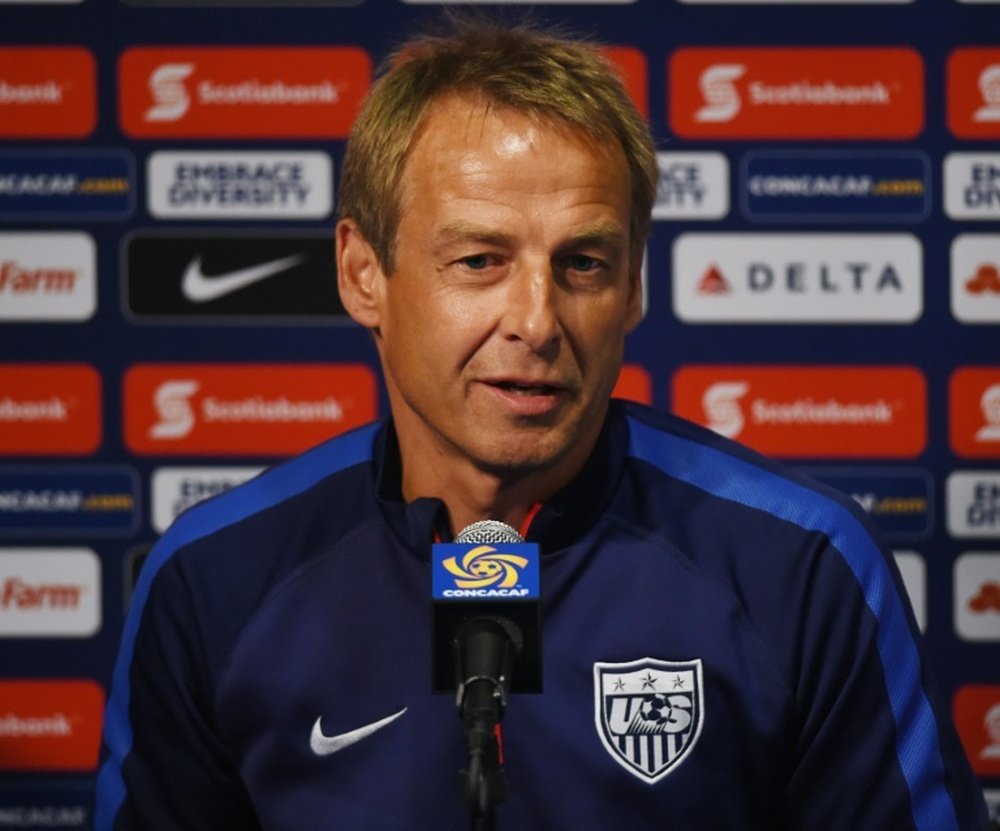 Jurgen Klinsmann who is the head coach of the US Mens soccer team speaks during a press conference before a training session at the Rose Bowl in Pasadena, California on October 9, 2015