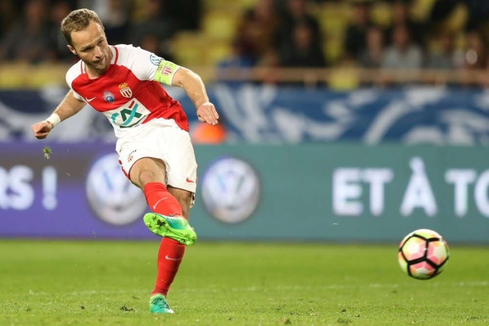 Monacos forward Valere Germain kicks the ball during the French Cup football