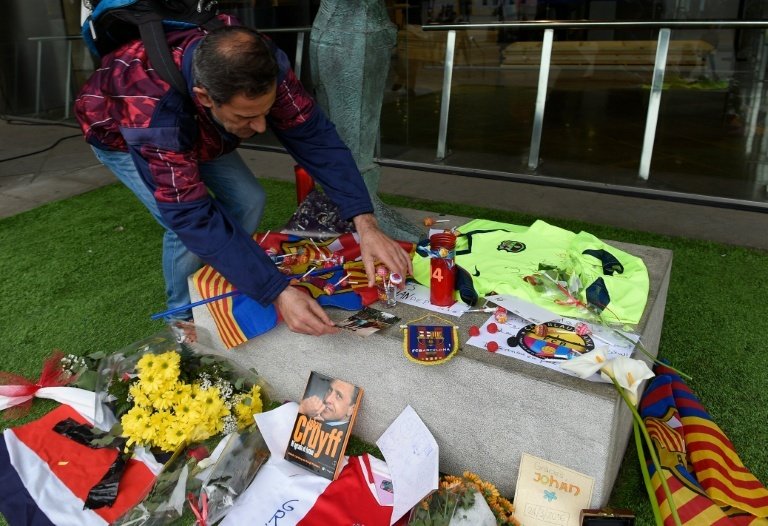 A memorial left by fans outside Camp Nou stadium in tribute to Dutch football star Johan Cruyff in Barcelona