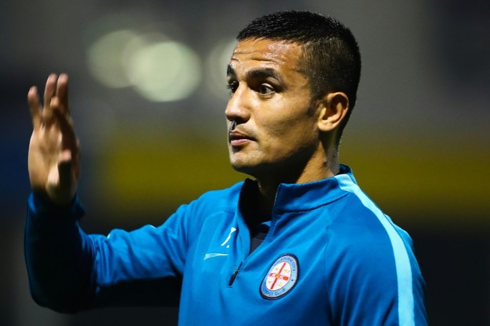 Australian international Tim Cahill warms up before his debut FFA match for Melbourne City against the Brisbane Strikers, at Perry Park in Brisbane, on August 24, 2016
