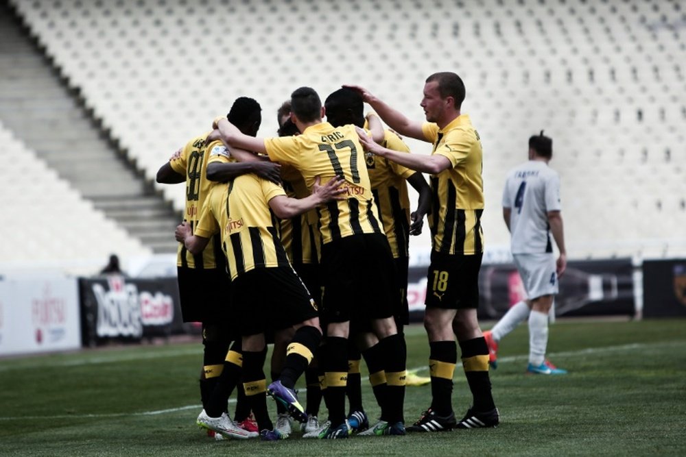 AEK Athens FC players celebrate a goal during a game in Athens on April 4, 2015