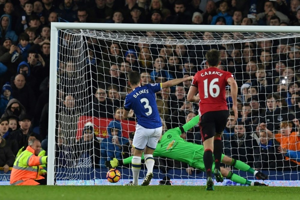 Leighton Baines scores from the penalty spot, something which Mourinho refused to speak about. AFP