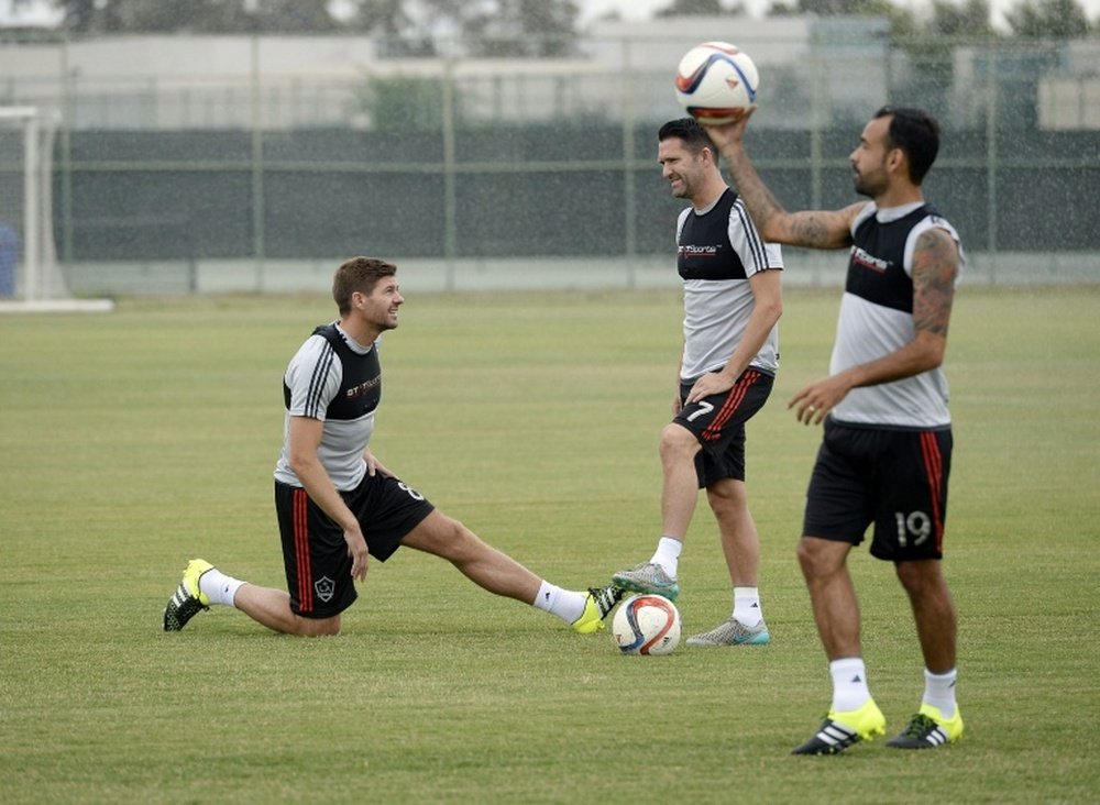 Los Angeles Galaxy players Steven Gerrard, Robbie Keane and Juninho attend a training session on July 7, 2015 at StubHub Center in Carson, California