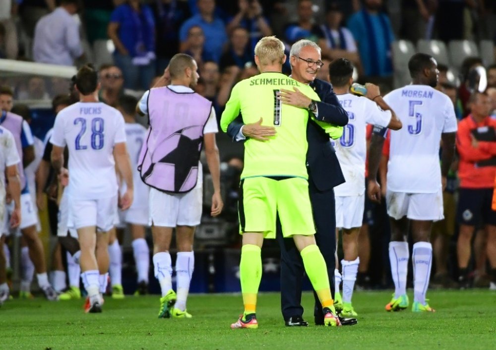Leicester Citys manager Claudio Ranieri (C) celebrates at the end of their UEFA Champions League match against Brugge, at Jan Breydelstadion in Bruges, Belgium, on September 14, 2016