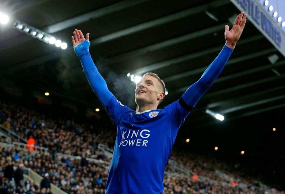 Leicester Citys striker Jamie Vardy celebrates after scoring during the English Premier League football match between Newcastle United and Leicester City on November 21, 2015