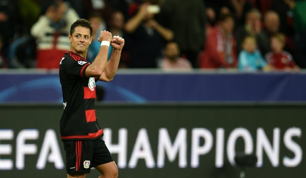 Leverkusens Mexican striker Javier Hernandez celebrates scoring during the UEFA Champions League group E first leg football match between Bayer 04 Leverkusen and FC Bate Borisov in Leverkusen, western Germany on September 16, 2015