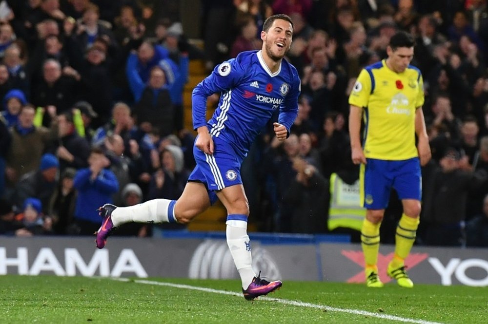 Hazard celebrates scoring against Everton. AFP